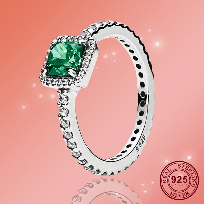 Original 925 Sterling Silver Pan Ring Green Square With Crystal Pan Ring For Women Wedding Party Gift Fashion Jewelry