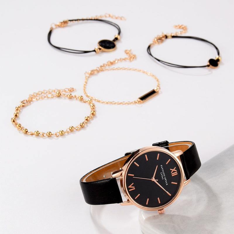 5pcs/Set Luxury Quartz Wristwatch & Leather Bracelets for Women