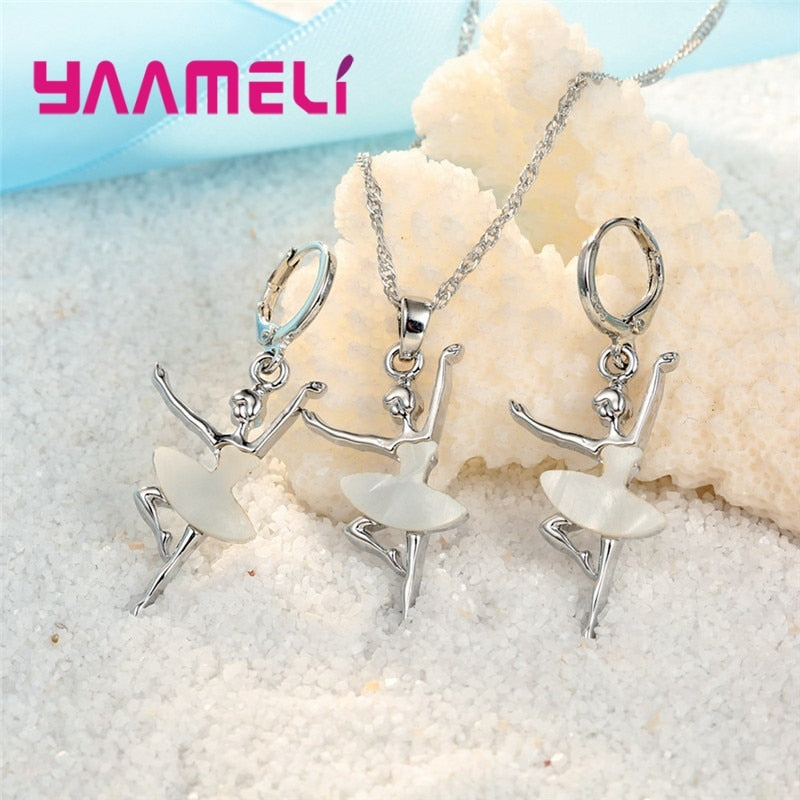 Sterling Silver Ballet Girls Pendant Necklace and Earrings Set For Women