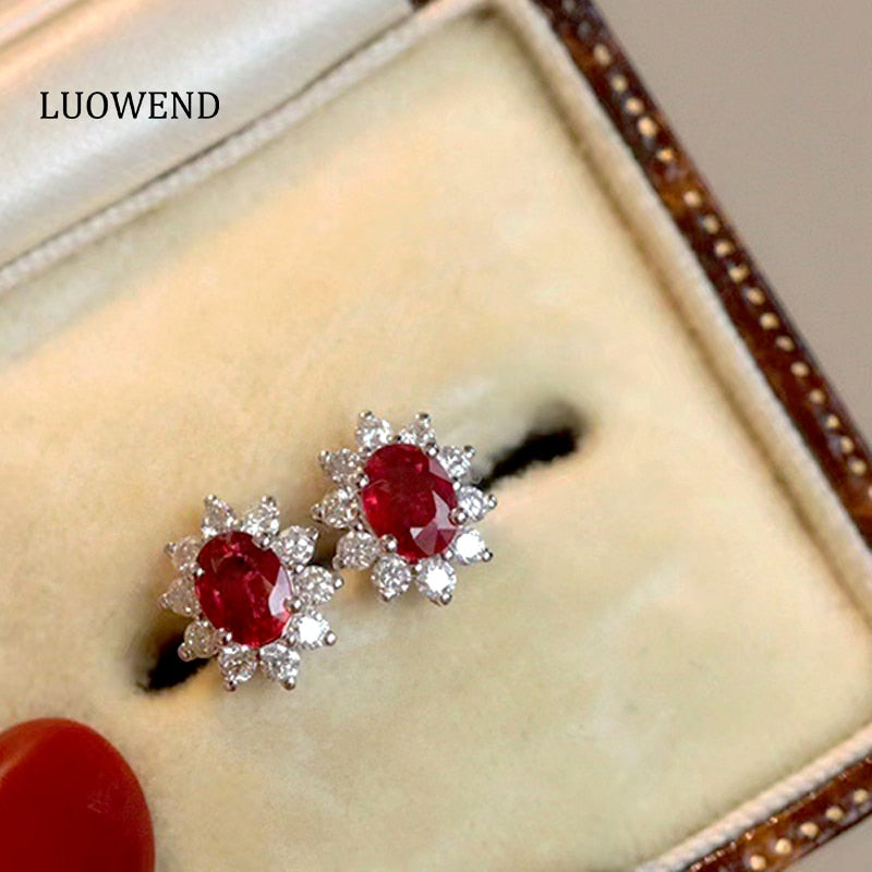 18K Solid Gold Diamond and Ruby Stud Earrings for Women