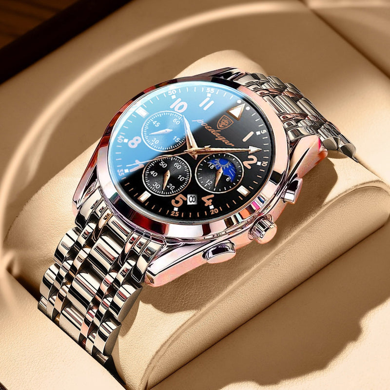 Stainless Steel Quartz Chronograph Watch with Luminous Hands for Men