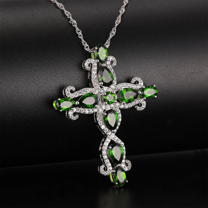 GZ ZONGFA Womens Fashion 925 Sterling Silver Natural Chrome Diopside Cross Choker Necklace Jewelry