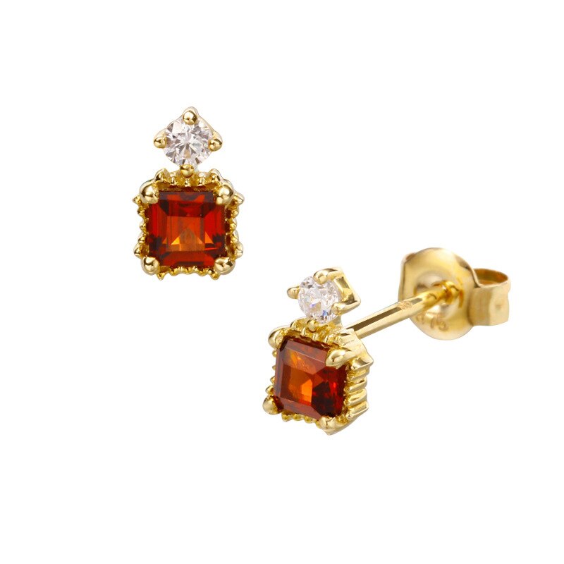 BK 9K Genuine Gold 585 Fashionable Simple Topaz Red Garnet Gemstone Stud Earrings