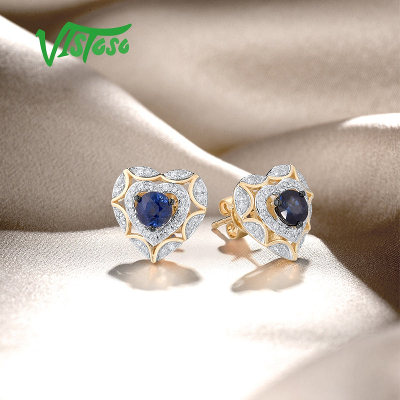 14K Yellow Gold Blue Sapphire Diamond Heart Stud Earrings for Women