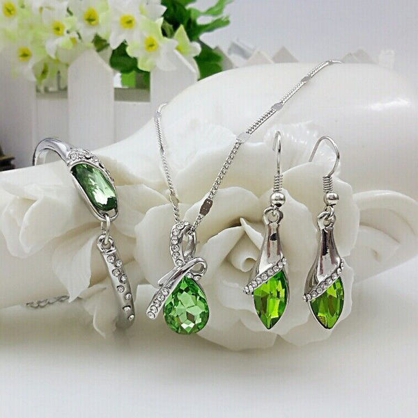 925 Sterling Silver Beautiful Drops of Austria Crystal Necklace Earrings & Bracelet Jewelry Set