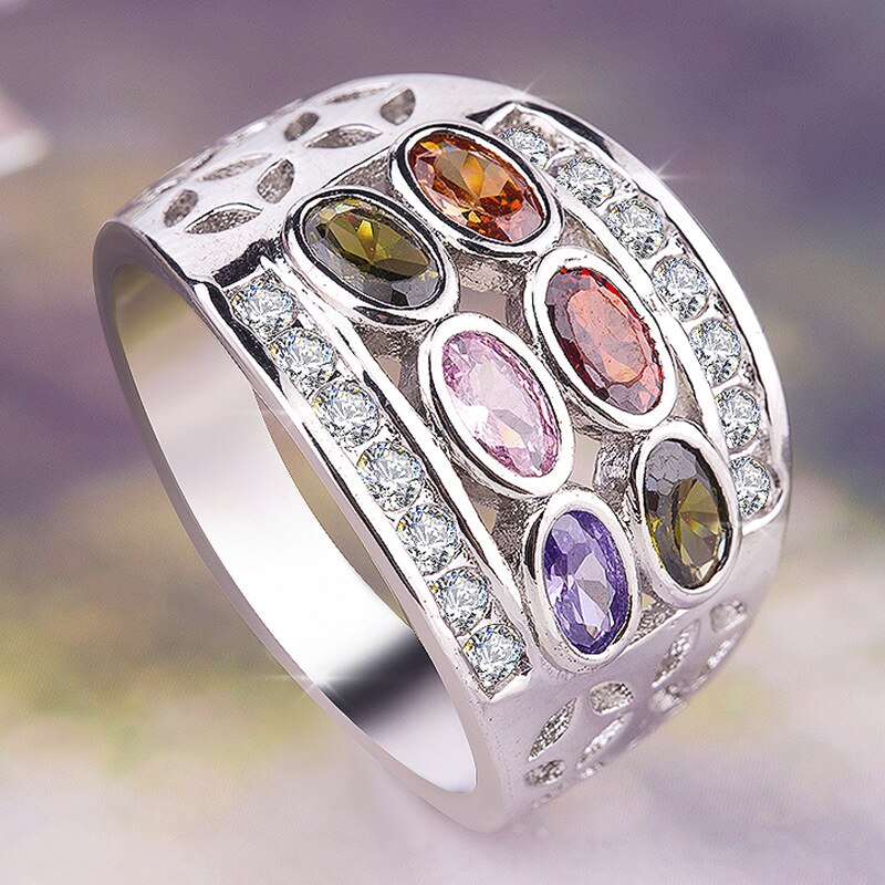 925 Sterling Silver Austrian Bohemian 6 Colour Rainbow Zircon Crystal Ring