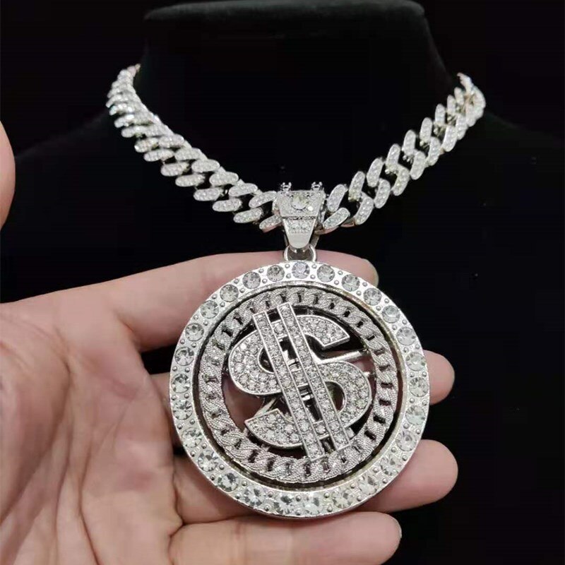 Silver Iced Out Bling Rotatable Dollar Pendant Necklace with 13mm Crystal Cuban Chain for Men