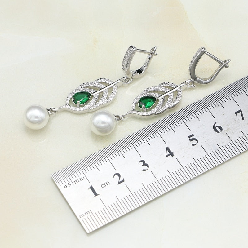 Silver Natural Green Cubic Zirconia White Pearl Jewelry Set for Women