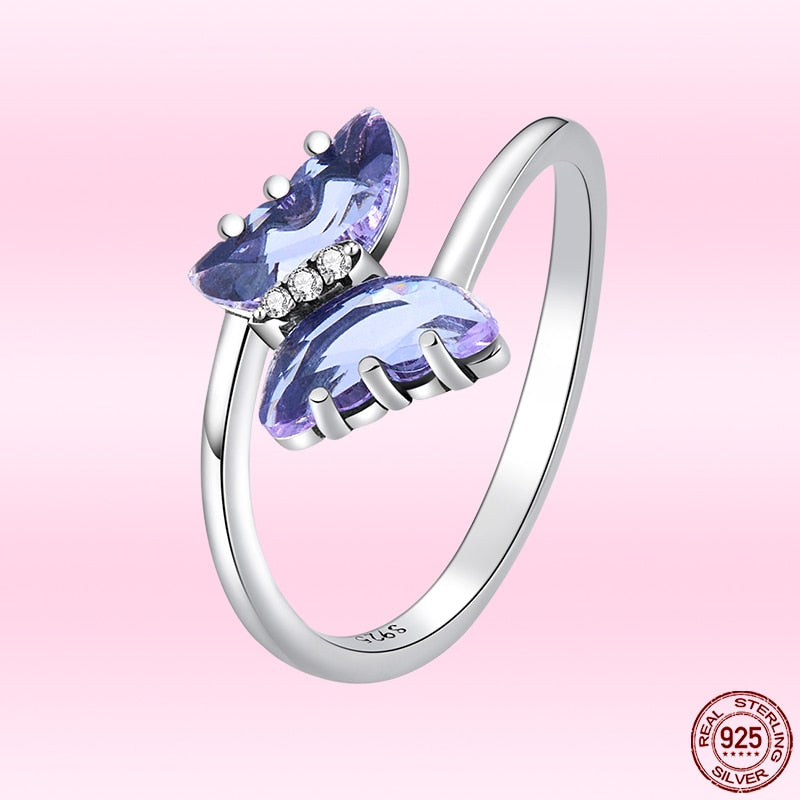 925 Sterling Silver Purple Flying Butterfly Ring for Women