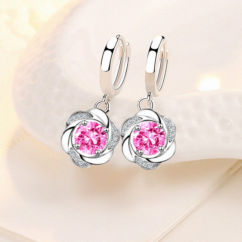 NEHZY925 Sterling Silver New Womens Fashion Jewelry High Quality Blue Pink Crystal Zircon Simple Flower Earrings