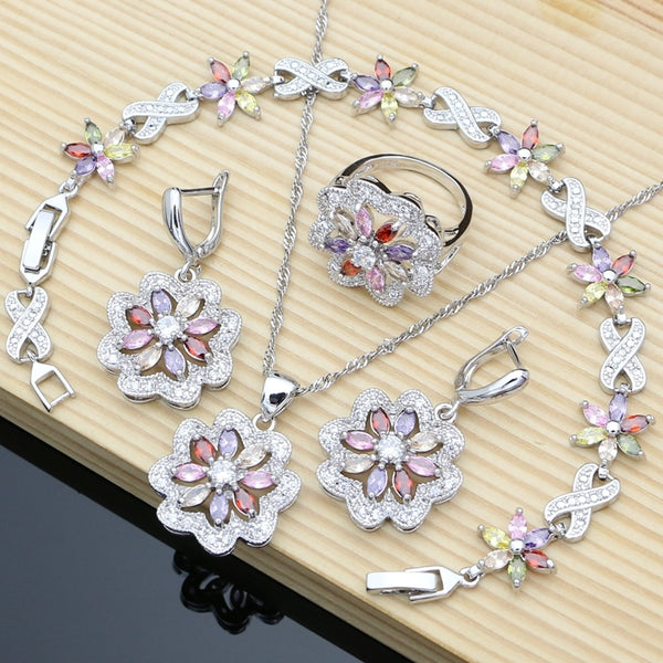 Silver Multicolor Zircon Jewelry Set for Women