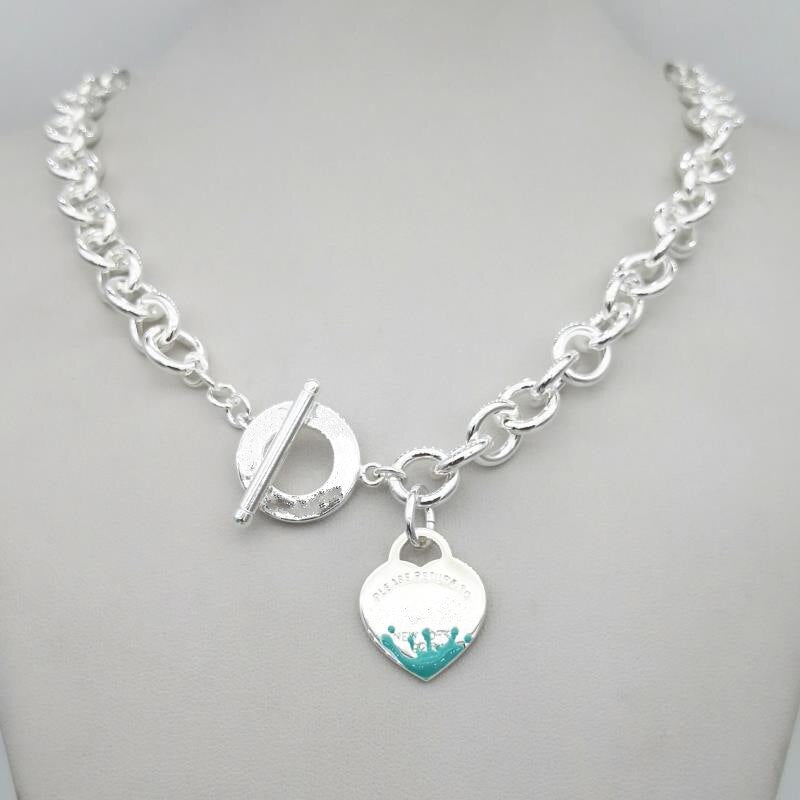 Silver Color Classic Blue Enamel Heart-Shaped Pendant Necklace