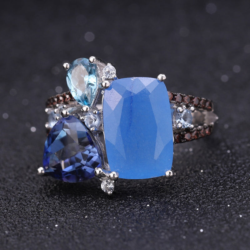 GEMS BALLET 925 Sterling Silver Natural Aqua-blue Calcedony Irregular Ring Earrings & Pendant Jewelry Set