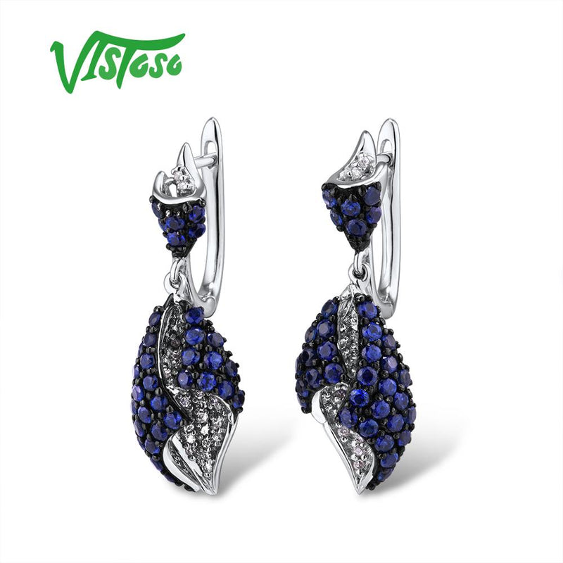 VISTOSO Genuine 14K 585 Rose White Gold Sparkling Diamond Blue Sapphire Drop Earrings