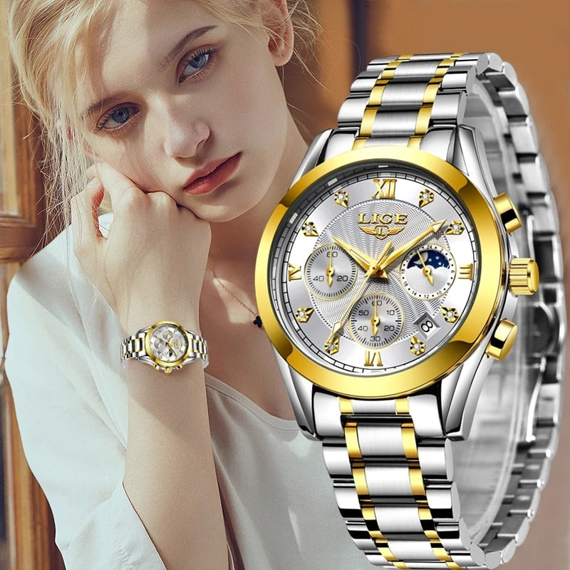Stainless Steel Quartz Wrist Watch with Calendar for Women