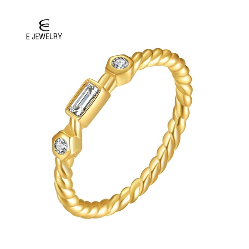 Trendy 925 Sterling Silver 18K Gold Plated Twisted Rope CZ Ring