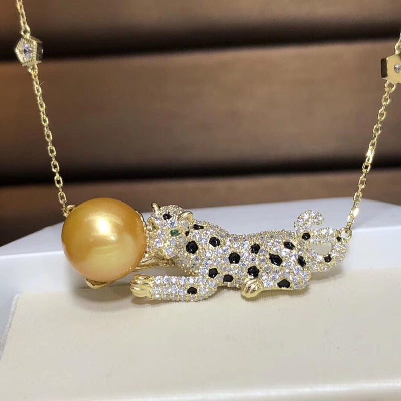 925 Sterling Silver Natural Freshwater Golden Pearl 10mm Leopard Pendant Necklace for Women