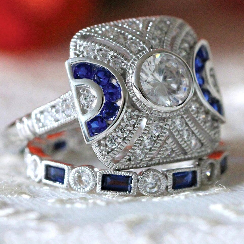Sterling Silver Blue Stone Square Stripe Couple's Ring Set for Women