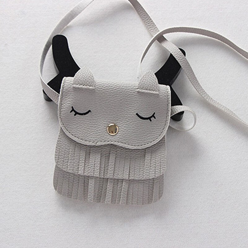 Cute Children Girls Tassel Small Cat Shoulder Messenger Bag Mini Coin Purses PU Leather Handbags Wallet SAL99
