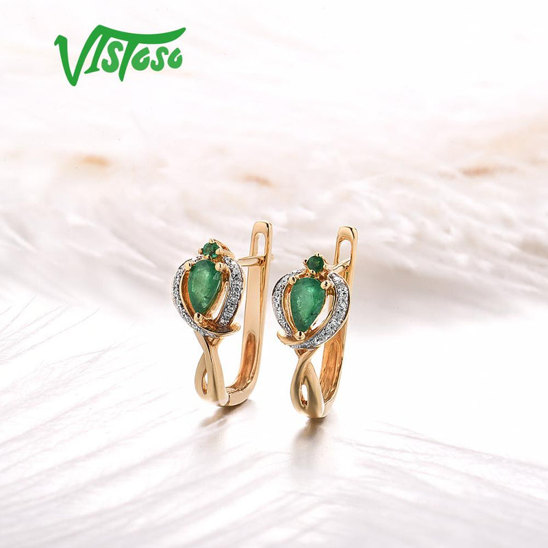 VISTOSO 14K 585 Yellow Gold Sparkling Emerald Luxury Diamond Earrings