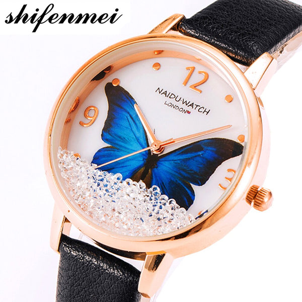 SHIFENMEI Elegant Naidu Rhinestone Butterfly Leather Band Women Watch