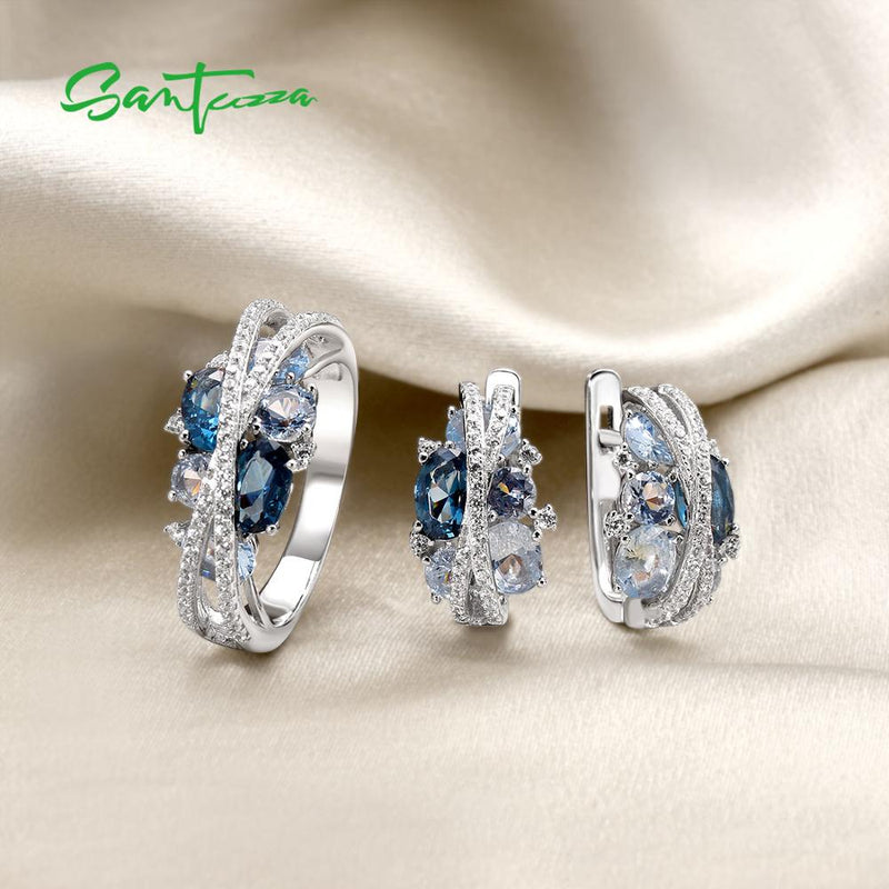 SANTUZZA Genuine 925 Silver Sparkling Blue Spinel Earrings & Ring Jewelry Set