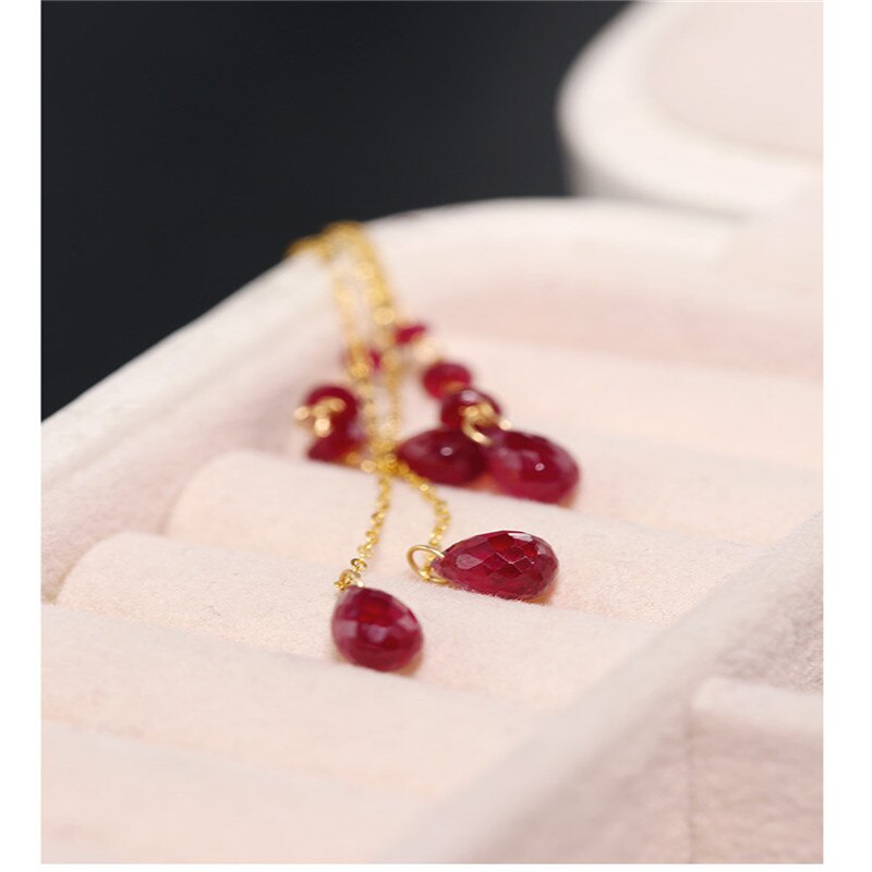 DAIMI Genuine Yellow 18K Gold Faceted Waterdrop Ruby Long Earrings