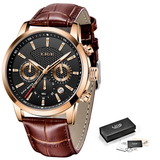Stainless Steel Black Leather Waterproof Chronograph Watch for Men