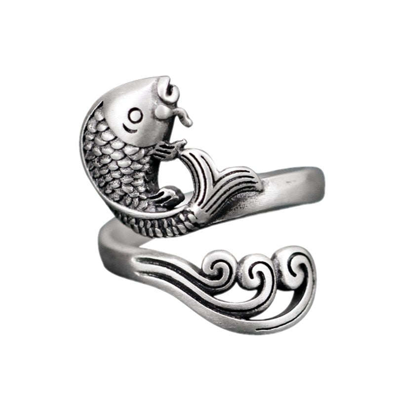 Solid S925 Sterling Silver Water Ripple Carp Ring for Woman