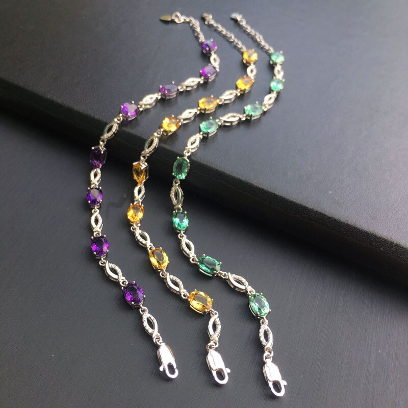 CSJ Natural Amethyst/Citrine/Green Quartz Gemstone Bracelet in 925 Sterling Silver