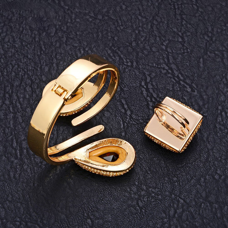 Gold Color Bracelet Ring Set Brown Big Discoloration Pink&Green Crystal Ring Bracelet For Women Girls