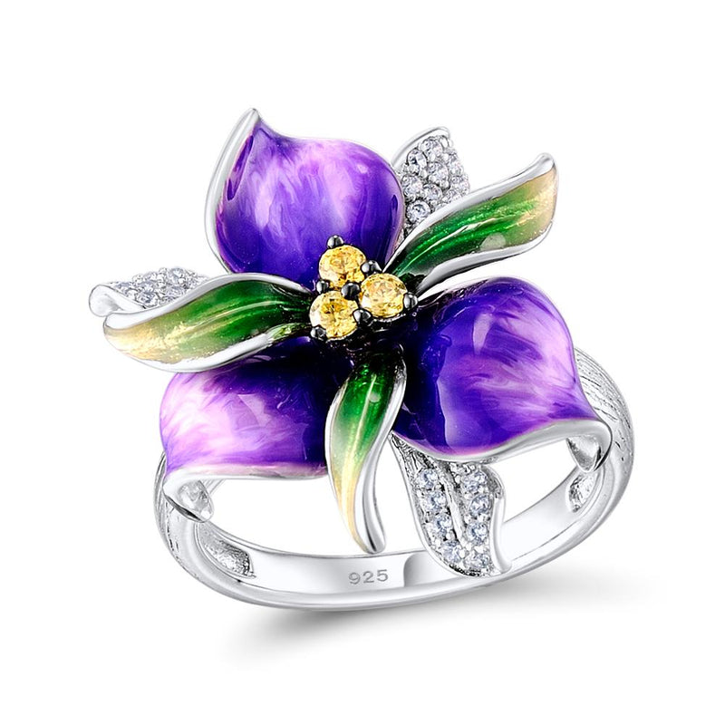 SANTUZZA 925 Sterling Silver Handmade Purple Flower CZ Stones Ring Earrings & Pendant Jewelry Set