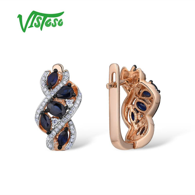 VISTOSO 14K 585 Rose Gold Sparkling Blue Sapphire Luxury Diamond Earrings