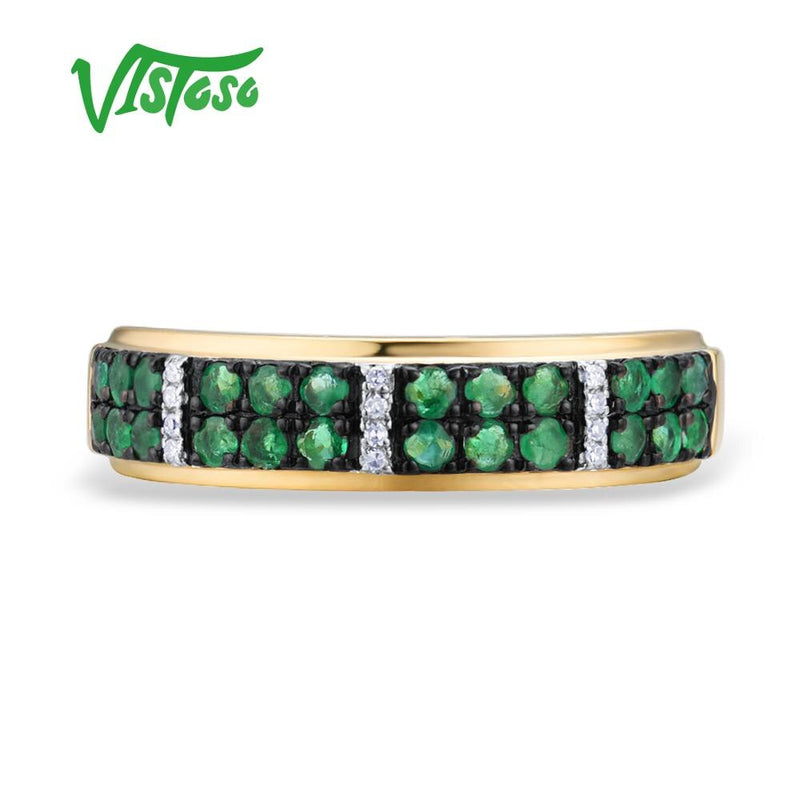 VISTOSO Genuine 14K 585 Yellow Gold Ring Sparkling Diamond Luminous Emerald Ring