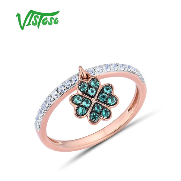 9K Rose Gold Lab Created Emerald & White Sapphire Clover Ring for Women