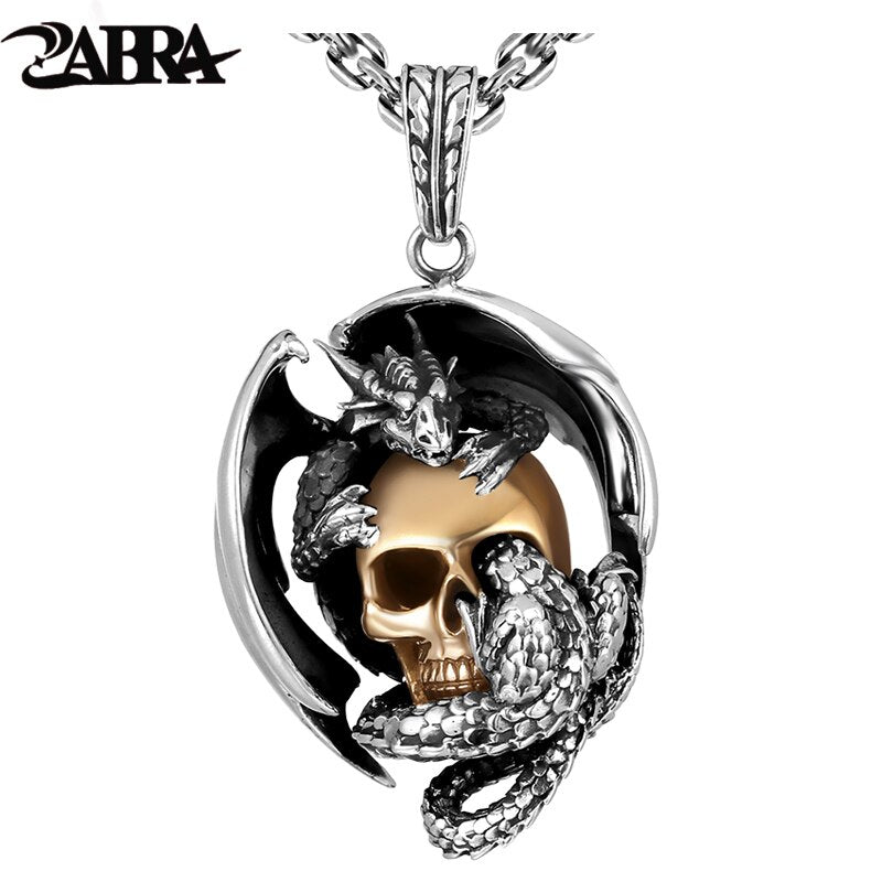 ZABRA 925 Silver Vintage Punk Rock Dragon with Gold Color Skull Pendant