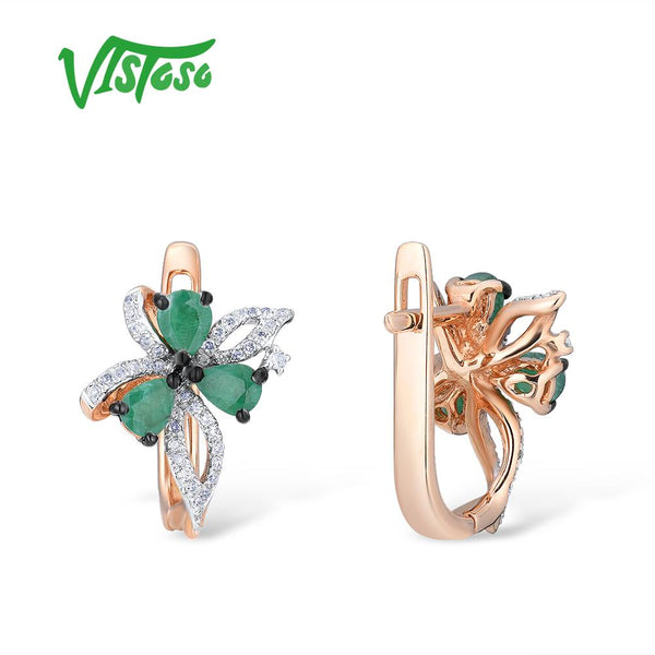 14K Rose Gold Emerald & Diamond Bowknot Earrings for Women