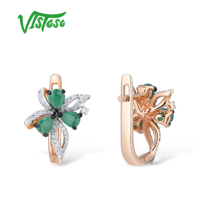 VISTOSO 14K 585 Rose Gold Bowknot Elegant Emerald Sparkling Diamond Earrings
