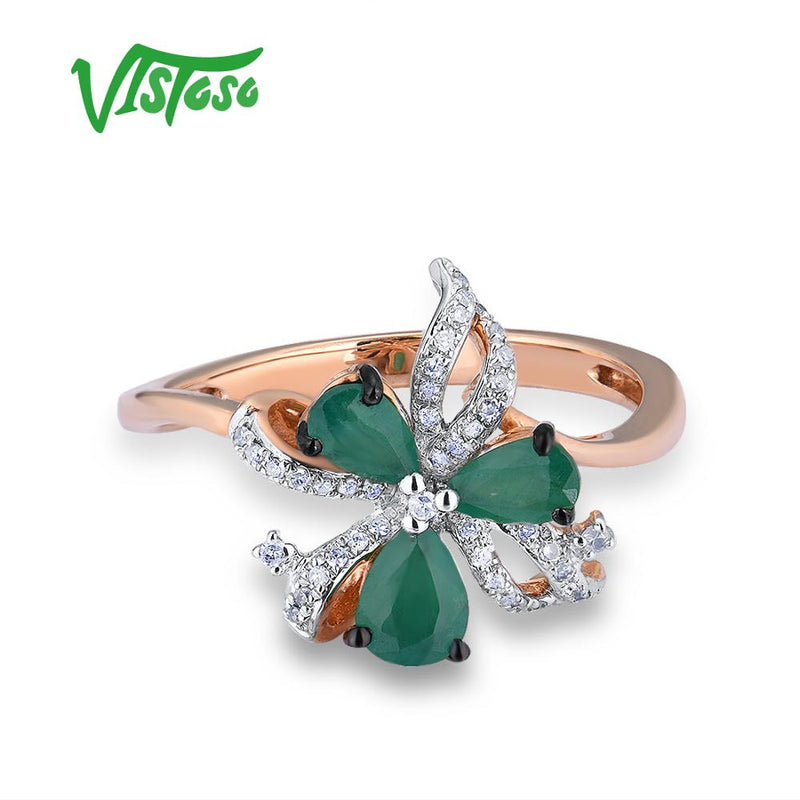 VISTOSO 14K 585 Rose Gold Magic Emerald Sparkling Diamond Ring