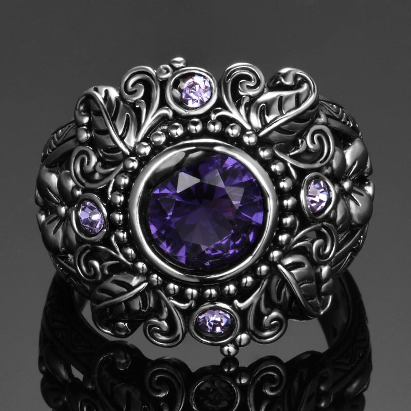 Vintage 3ct Purple Round Cut Natural Amethyst Ring 925 Sterling Silver