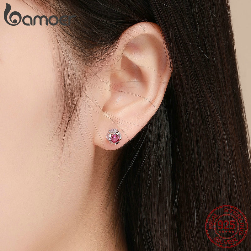 Sterling Silver Luminous Pink CZ Tulip Flower Bud Stud Earrings for Women