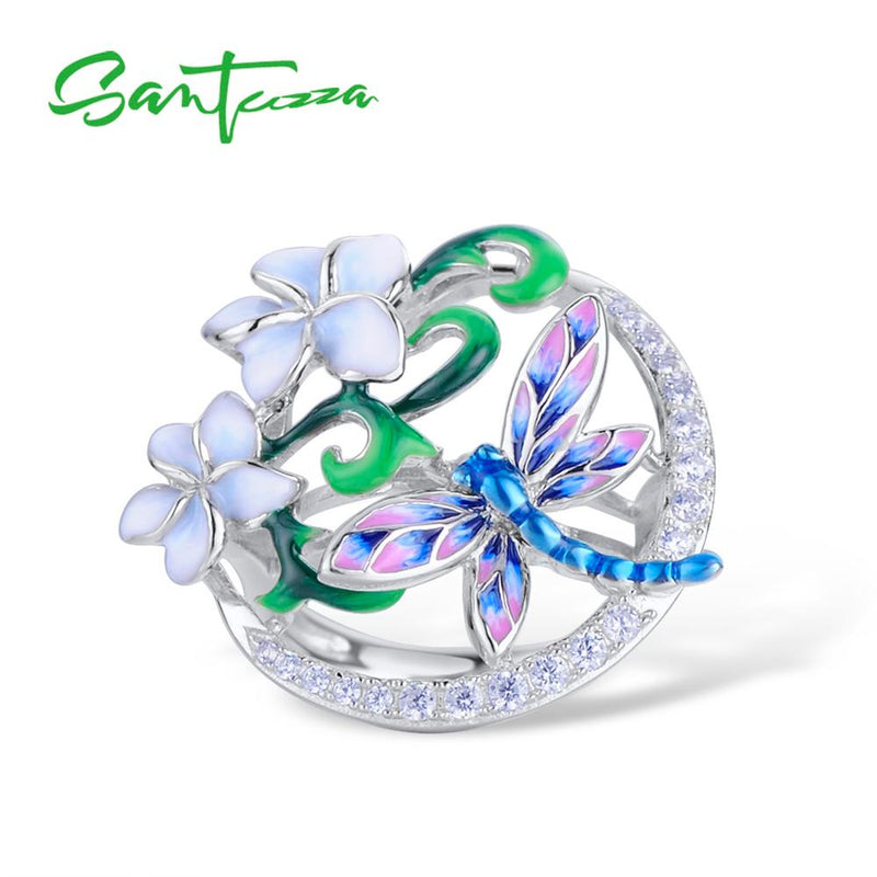SANTUZZA Handmade 925 Sterling Silver Dragonfly Flower Ring Earrings Pendant Jewelry Set