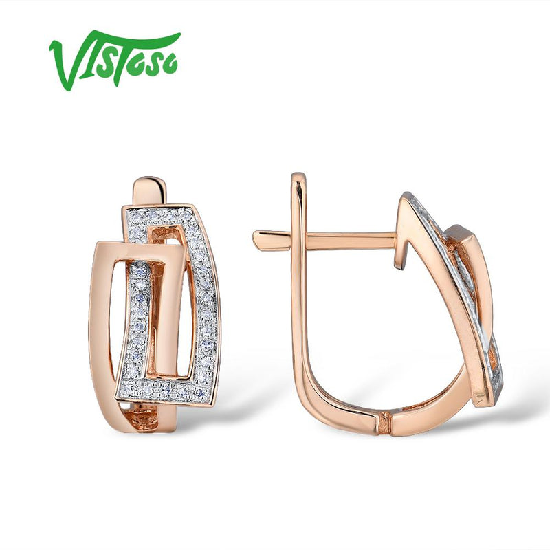 VISTOSO Genuine 14K 585 Rose Gold Sparkling Diamond Earrings