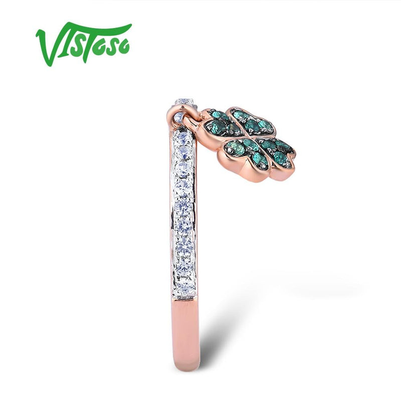 9K Rose Gold Lab Created Emerald & White Sapphire Clover Ring for Women