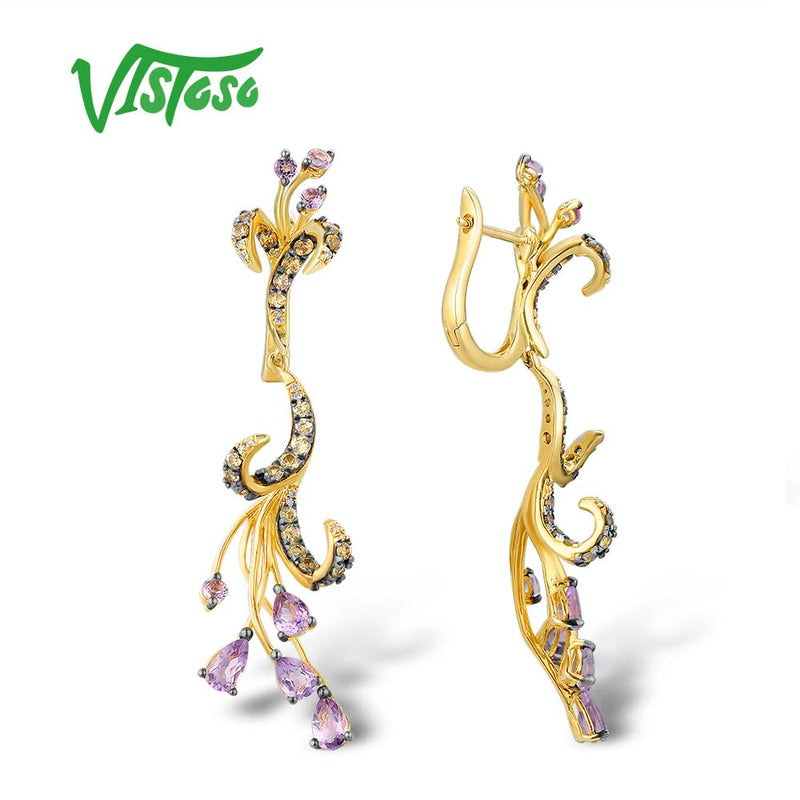 VISTOSO Pure 14K 585 Yellow Gold Sparkling Diamond Amethyst Yellow Sapphire Earrings