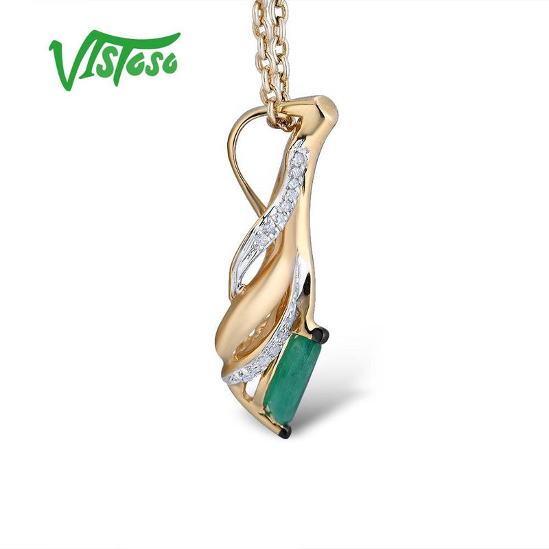 VISTOSO Authentic 14K 585 Yellow Gold Hollow Leaves Magic Emerald Sparkling Diamond Pendant Necklace