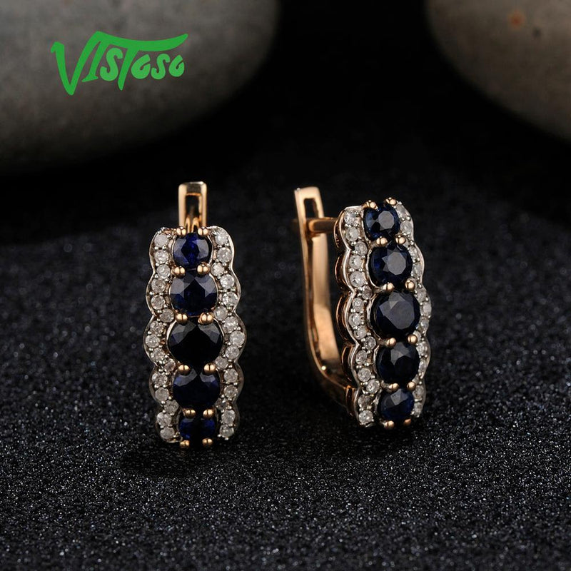 VISTOSO 14K 585 Rose Gold Sparkling Blue Sapphire Diamond Earrings
