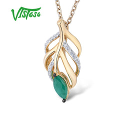 VISTOSO Authentic 14K 585 Yellow Gold Hollow Leaves Magic Emerald Sparkling Diamond Pendant Necklace