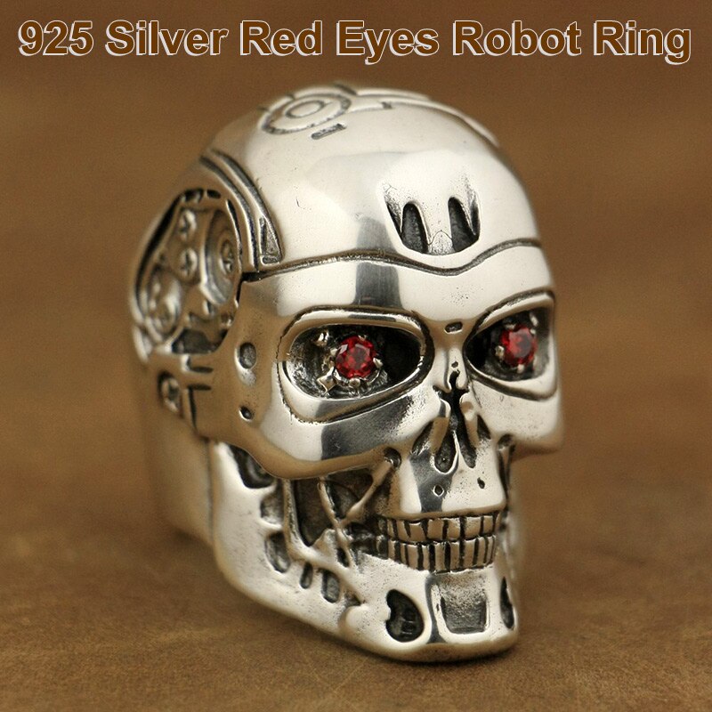925 Sterling Silver Punk Retro Style Skull with Red Robot Eyes Ring