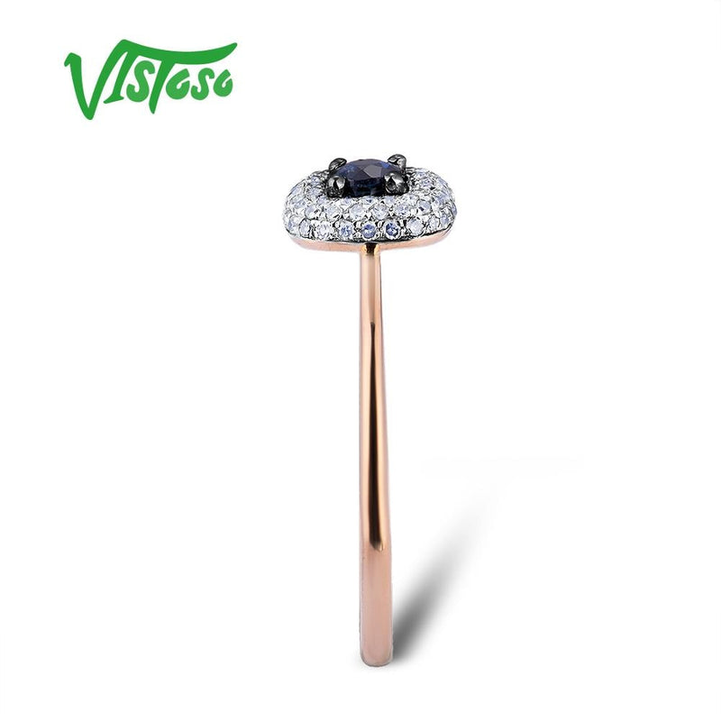 VISTOSO Pure 14K 585 Rose Gold Shining Diamond Blue Sapphire Luxury Ring